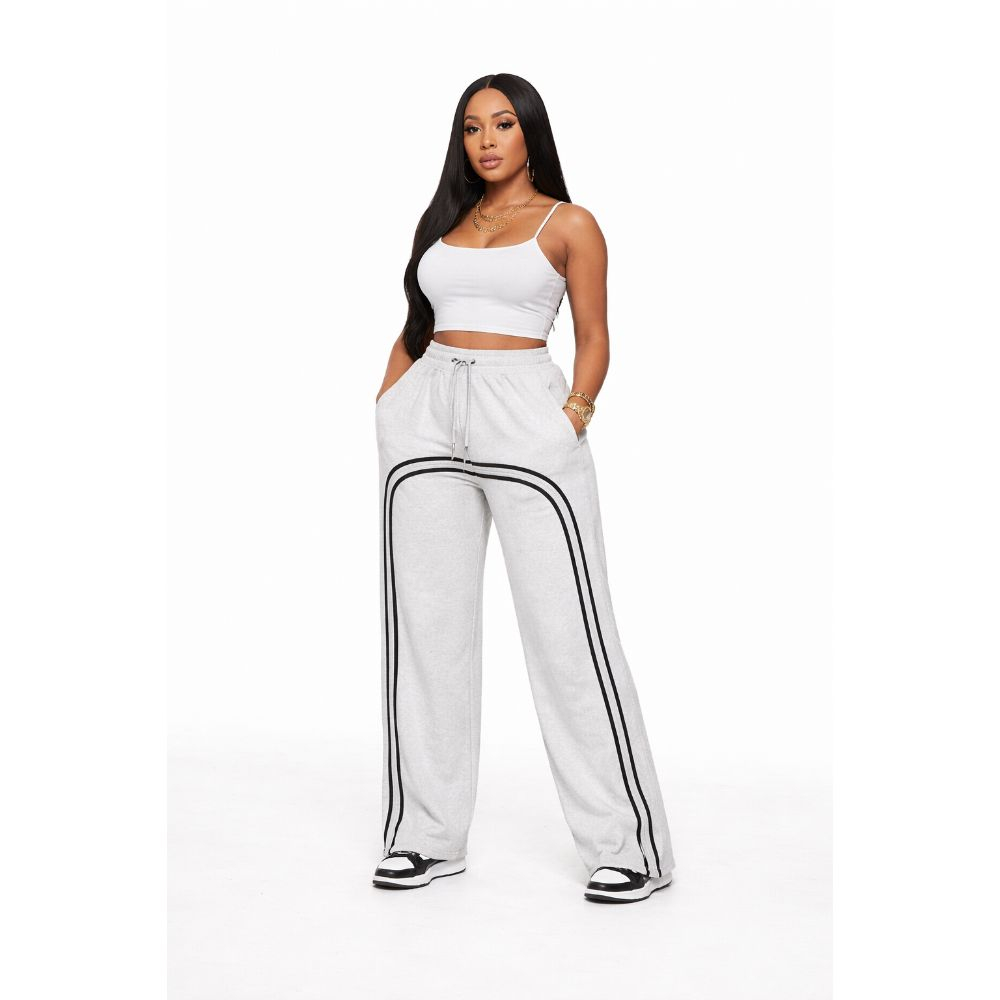 Grey Wideleg Track Pants with Side Stripes  Zip Hem Casual Trousers